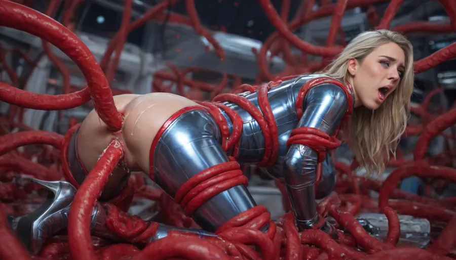 hyper photorealistic masterpiece, maximum quality, maximum details, maximum realism, (spaceship:2), (blonde hair, pubic hair), (Mature woman), Silver latex mask, (suspended, bdsm, wrists held by tentacles, ankles held by red tentacles, tentacles sliming breasts), (silver high heel boots, silver harness), (metallic blue latex catsuit:1.5), metallic silver latex stockings, metallic silver latex gloves, (realistic anus, realistic vagina), (screaming, crying, shocked), (cum on pussy, cum on ass, cum on legs), (Red tentacle monster:2), (all tentacles slimy:1.5), (huge red penis tentacle, vaginal, anal:1.3), pImgFixerPre0.3, detailxl, NEGATIVE_HANDS