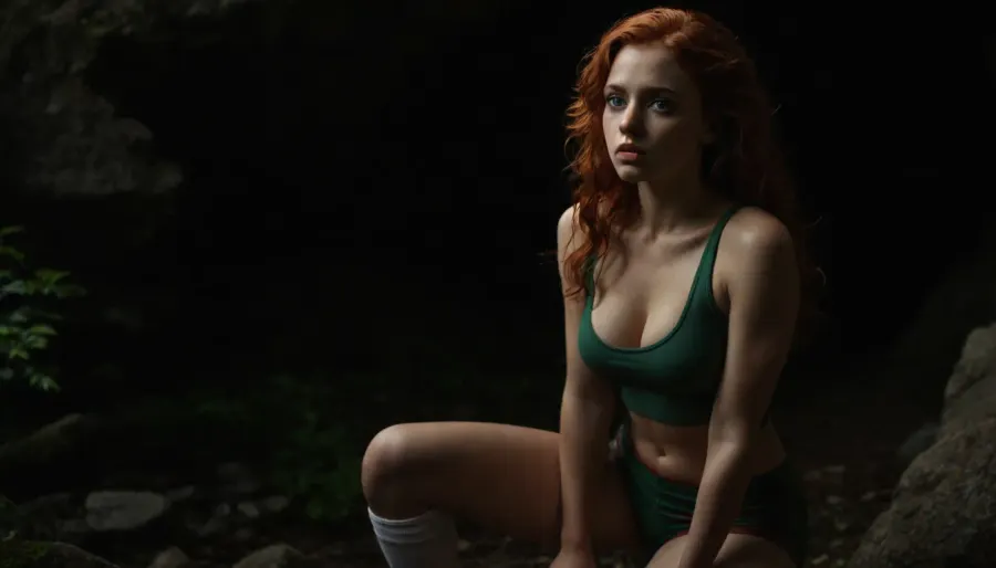 Beautiful woman, heart-shaped face, high cheekbones, full lips, small nose, almond-shaped green eyes, fair skin, mid-length wavy red hair, curvy athletic build, hourglass figure, woman fucking doggystyle a dick focus on eyes, red hair, perfect face, ginger hair, bright green eyes, perfect toned body, shiny sweaty skin, a cup breasts, small perky breasts, pierced nipples, perfect tight muscular ass, small sexy light red basketball shorts, small sexy light red tank top, cock sucking, white knee socks, cum on stomach, cum on chest, cum on pussy, dripping, hiking, trail mountain, forced_sex, on her knees, blackedscene, blkd, <lora:dark:1.4>, <lora:detailed_notrigger:.8>