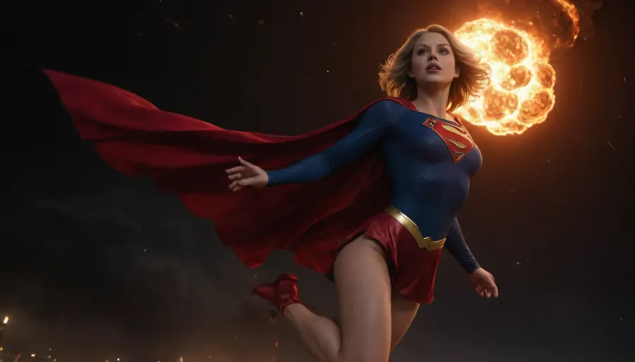 Supergirl flying in the air seen from below, no panties, upskirt, pussy exposed, plump pussy with little pubic hair. Atomic explosions go off in the distance, the night's atmosphere is on fire, light from different angles. No panties, cunt visible, pussy lips wet.
