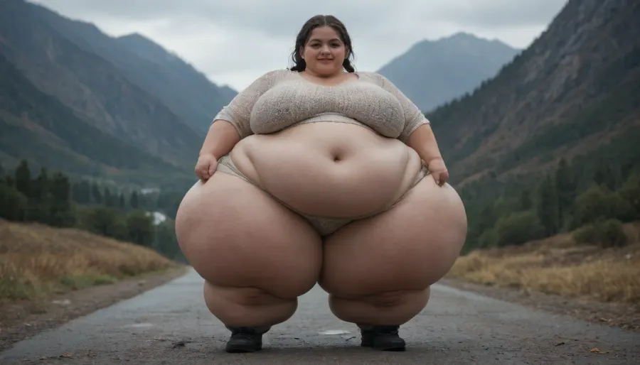 hyper hips, heavyweight, fat woman, obese, (fully dressed:1.3), night mountain, massive fat thighs, (shortstack:.03), sashay, braided hair