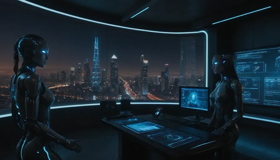 A futuristic artificial intelligence control center, glowing with blue and neon lights, filled with floating holographic interfaces, intelligent robots interacting with data streams, and a humanoid AI figure with translucent skin showing circuits and neural networks. Background features a high-tech city skyline with flying cars and digital billboards displaying AI-generated content. The atmosphere is sleek, clean, and high-tech, with a sense of innovation and limitless possibility. Ultra-realistic style, 8K resolution, cinematic lighting, science fiction art style."