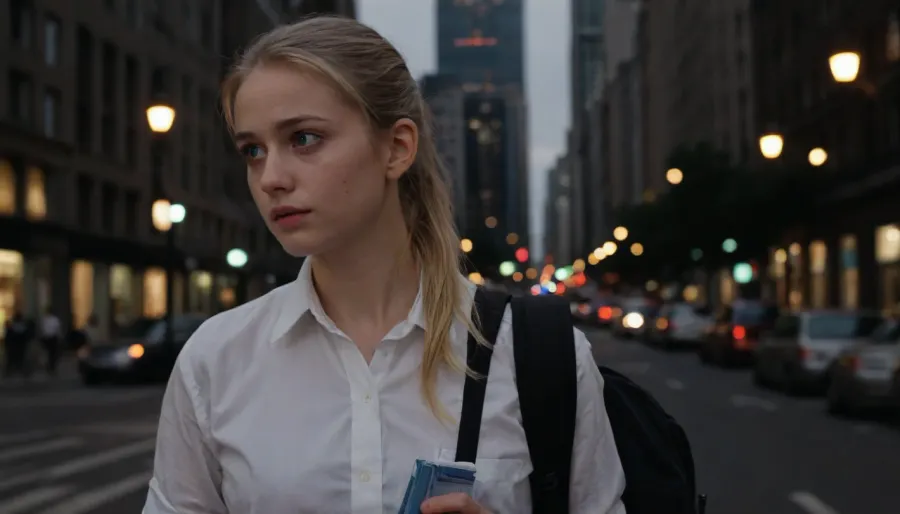 Draw a modest 1st year student who came from the countryside to a big city. She has blonde hair pulled back in a neat ponytail and large blue eyes that express a mixture of curiosity and mild confusion. She is dressed in a simple white shirt and a dark skirt, which highlights her modest style. She has a small backpack slung over her shoulder and a battered notebook in her hands. The background is a busy street in a big city with tall buildings and bright lights that contrast with its simplicity.