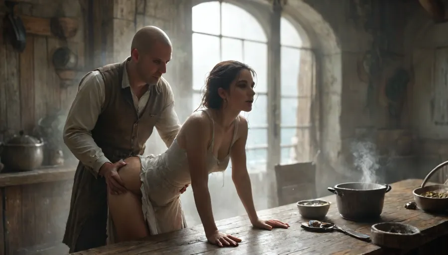 1man, 1girl, 16th century., (Peter is an very much ugly, ultra fat, bald head, male matured cook:1), in the galley of a pirate sailing ship, his belly is fat and round. highly detailed face, partly toothless. The clothing corresponds to simple 16th-century cotton dress clothing. Peter is fucking Maria from behind in the low light galley, Maria is Peter's kitchen helper, (Maria is sexy, young and slim:1), Peter fucks Maria from behind, Peter push Maria to bent over the pot of soup, while Maria stirs a large pot of soup on the fire, rough, (sweaty bodies:1.7), extremely heat in the galley, highly detailed messy dirty galley, cinematic, (masterpiece, detailed), FRESHIDEAS, Real, Photography, 2#, Black, and, white, art, black, shading, charcoal, toned, brutal, dark, b/w, color, scheme, <lora:FRESHIDEAS Real Photography 2#:.6>, <lora:Black and white art.V1:.4>, <lora:MJ52:.4>, <lora:add-detail-xl:1.1>, <lora:Dramatic_penis_SDXL:.8>