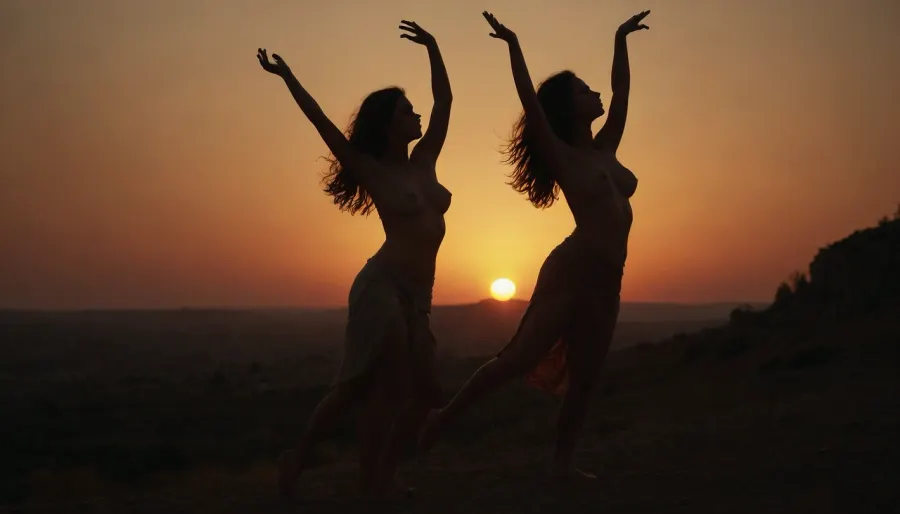 scene some young women in ancient rome, outdoors on a lonely hill, sunset, very dimmed light, (very sexy women dancing arms up before the sunset, big breast, topless), the wind blows through their hair, full body view, only outlines visible
