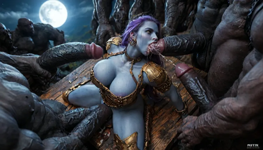 female drow elf barbarian, (dark night blue skin:1.82), tall, angry, busty, curvy, thin waist, big boobs, big butt, slim, athletic, fit, vitiligo, strong, fur pelt armor, dungeons and dragons, purplish blue skin, black and purple hair, Dark, Elf, Warrior, Drow, tattooed, scarred, purple eyes, uberfit, muscular, blue skin, amazon, giant, fur barbarian armor, bloody, ((anal spit-roast:1.3)), (((hyper gigantic large black cock in mouth:1.8))), oral cream pie, hair grab, sad, sad crying, tongue out, gasping for air, blood spatter, bear, bear heart, (in a bloody filed after a battle, white full moon in the sky:1.4), (man is choking her from behind:1.4), ((hogtied, bound with large chains, tied to a torture table:1.3)), cock in mouth, (brutal face fuck), Blowjob, (tears in eyes:1.5), (running makeup), (cum drips from nose:1.3), (cum drips from mouth:1.3), ultra hd, photorealistic, hyper gigantic large black cock in mouth, zavy-brbrn, gangbang, double anal penetration, anal spitroast, groupsex, deepthroat, (4 gigantic African black brute thug, huge trunklike arms, huge head, hyper muscular body, dressed in slave clothes:1.32), defeating a woman in combat, fighting, killing, blood, winning fight, magazine cover, Realism_Quality_2xx_By_Stable_Yogi, score_9, score_8_up, score_7_up, (((very pretty face:1.3))), (((extremely ultra detailed face:1.3))), perfect fingers and hands, upper body view, (extreme size difference:1.6), (ultra realistic), (maximum quality), (high resolution), (extreme detail), (ultra realism), UHD, super high quality, highly detailed, high resolution, perfect lighting, natural lighting, Uber realistic, ultra detailed, masterpiece, 35mm photograph, film, professional, 4k, hdr, photographic, ultra realistic, ultra high details, back light, (dynamic pose), (dynamic angle), (random angle), (random pose), (dynamic view), (random view), best quality, volumetric lighting, golden hour lighting, dramatic shadows, rich details, nature-inspired color palette, (above view:1.7), zavy-brbrn-sdxl, 2>, <lora:LCMTurboMix_Euler_A_fix:2>, <lora:JuggerCineXL2:2>, <lora:CinematicStyle_v1:2>, <lora:MJ52:2>, <lora:zavy-brbrn-sdxl:2>