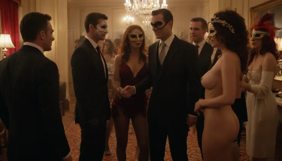 two married couples, husband and wife, meeting together, romantic meeting, swingers, (meeting for sex), wives with beautiful hairstyles, well-groomed, social party, wives in carnival masks, buffet, wives completely naked, (only in stilettos), wives with huge milky tits, husbands in expensive suits, (full-length image), (realistic), (high-quality image)