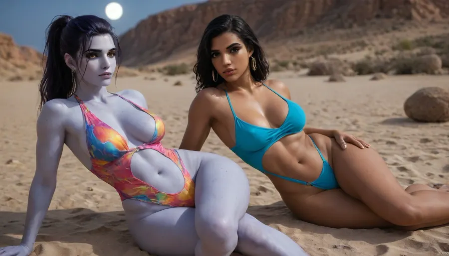 2 women, (pharah amari from Overwatch), (blue skin widowmaker with from Overwatchn), colorful racerback swimsuit, desert, night, moon, big breast, (wide hips:1.6), Athletic body, (muscular shoulders and arms:1.4), thick lips, plump lips, laying, posing together.