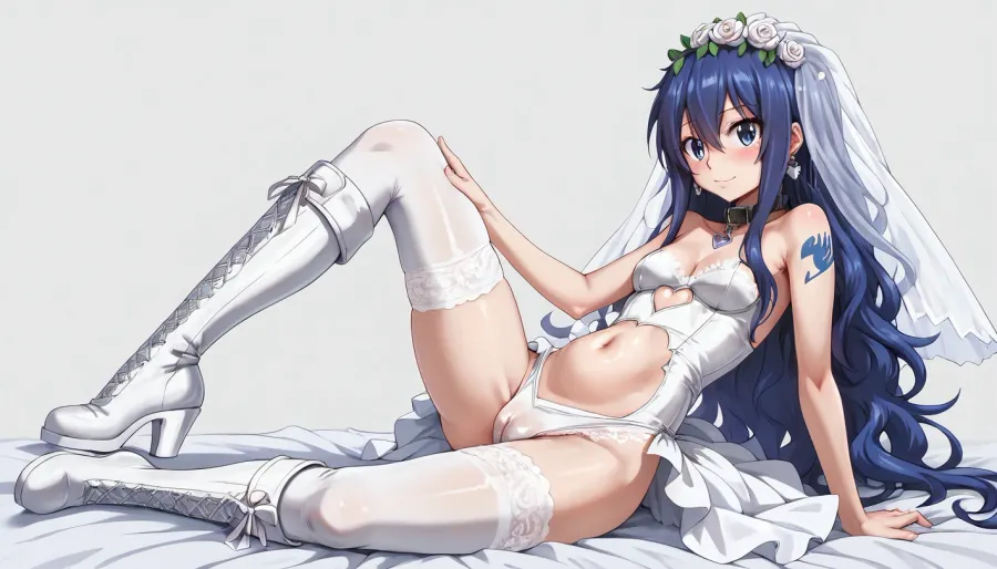 Wendy Marvell from Fairy Tail, naked, tight_fitting lace wedding dress and wedding veil, stomach_cutout, white knee-high leather boots with turn-up collar, white pantyhosed, extreme cameltoe