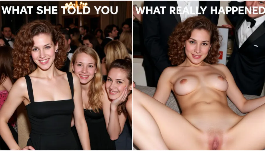 side-by-side two pictures of a curly brown hair woman, (first picture on the left, she is at a new year's eve party, posing for photo, with 3 girls, different haircolors, evening dress, happy, laughing, arms around, crowded party, at night, text at the top right "WHAT SHE TOLD YOU"), (second picture on the right, same woman is nude, lying on a bed, surrounded by men, groping her, different haircolors, evening suits, horny, aroused, at night, text at the top left "WHAT REALLY HAPPENED")