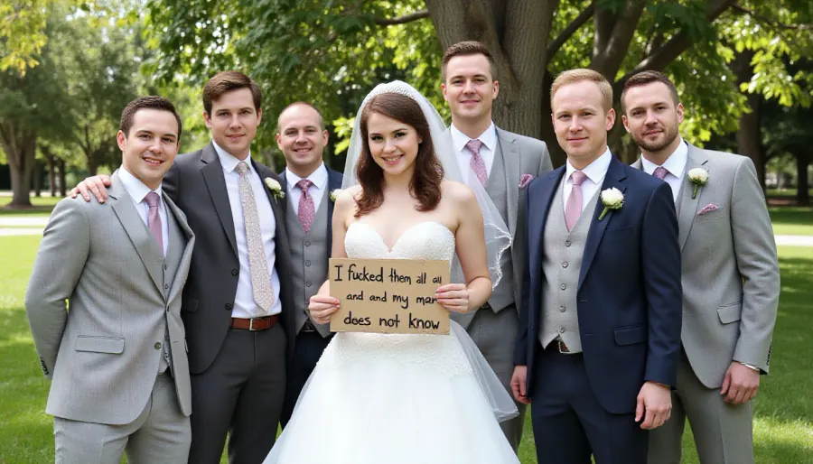 A young busty bride, breast cup size ddd, poses with six male wedding guests and family of different ages, different faces, different suit colors. Location outside park, The bride holds a handmade sign with text "I fucked them all and my man does not know".