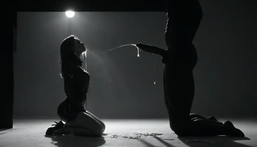 (black man looking down), muscular black man, black penis, standing up straight, excessive cum, dripping on to girl, cum, (((profile view))), cum shooting, cum dripping, (girl kneeling), (girl looking up at male), zavy-slhtt, (((black silhouette))), monochrome, leather short jacket, leather skirt, high heels, large breasts, tiny ass on female