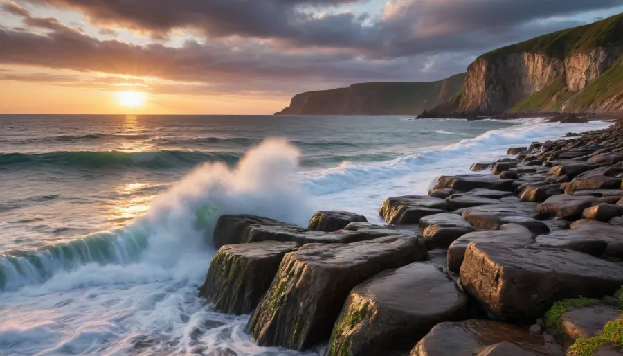 Breathtaking golden hour: a masterfully detailed ai-generated image of a spectacular rocky coastline under dynamic skies