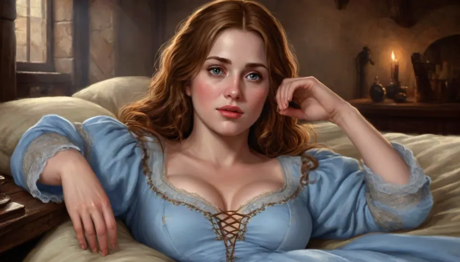 (one woman, Mirabelle Monet, french, mature 40 year old, ginger/brown hair, small breasts, slightly chubby body and face), (wearing sky blue revealing dress with brown laced bodice), (inside medieval inn, laying sideways on a bed, leaning head on arm, hand behind head), (other hand squeezing breast), blue atmosphere, perfect eyes, five fingers, (artwork, digital painting, concept art, flat colors, loading screen art style), <lora:LegendDarkFantasy-000001:.8>