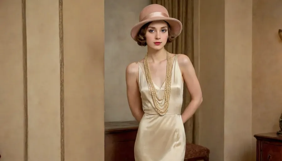 full body view, wide angle, NSFW, Portrait of a woman, 1920s style, with a light-beige cloche hat and a pale gray fur stole. European Caucasian woman, 20-30s, in a low-cut, gold-yellow, silk dress. Sophisticated and elegant. The dress has a subtle gold-bronze sheen, revealing décolletage and emphasizing the woman's upper body. A string of light, peach-colored, beaded necklaces adds subtle detail. Intricate details highlight the dress's texture. The hat, light beige/yellow, has delicate decorative elements, accentuating the Art Deco style. The woman's makeup, soft dark brown eyes and rich, warm lipstick, is sophisticated and refined. Her pose is slightly turned, head slightly angled, conveying a contemplative or thoughtful demeanor. The background is a deep, muted burgundy, creating a strong contrast with the lighter tones of the woman's attire and hat. Soft, diffused light casts subtle shadows, enhancing the 3D form of the subject. The style evokes a sense of nostalgic elegance. Oil painting, meticulous brushstrokes. Classical portrait style, evoking Art Deco era. The composition is centered, focusing attention on the subject. Muted color palette, with warm tones and subtle gradations. The focus is on the subject's emotional presence and elegant details.painting by Amedeo Modigliani, <lora:nudity_v02_i1300:.5>, <lora:flat_chested_v3.5:.5>