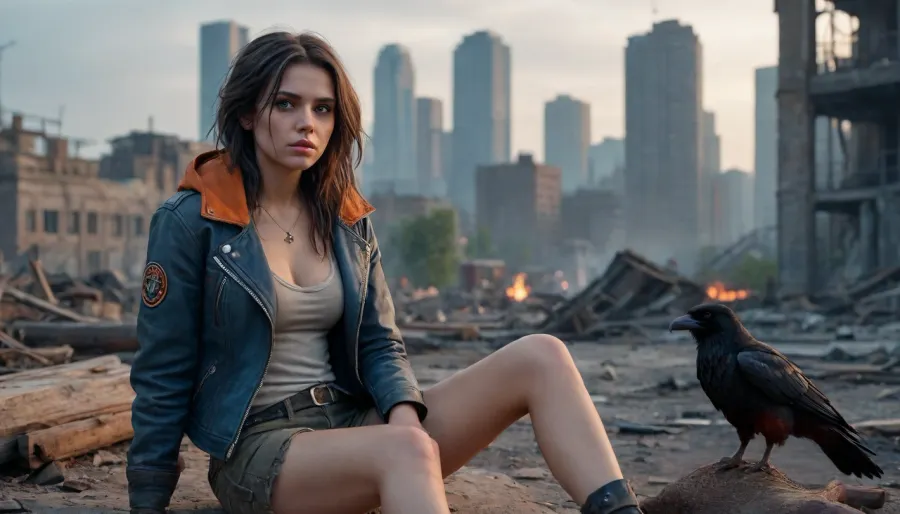 Hiperrealist post-apocalyptic sahne: sultry stalker kalıntılarının ortasında (p13rc1ng, dudak piercings, overgrown city)