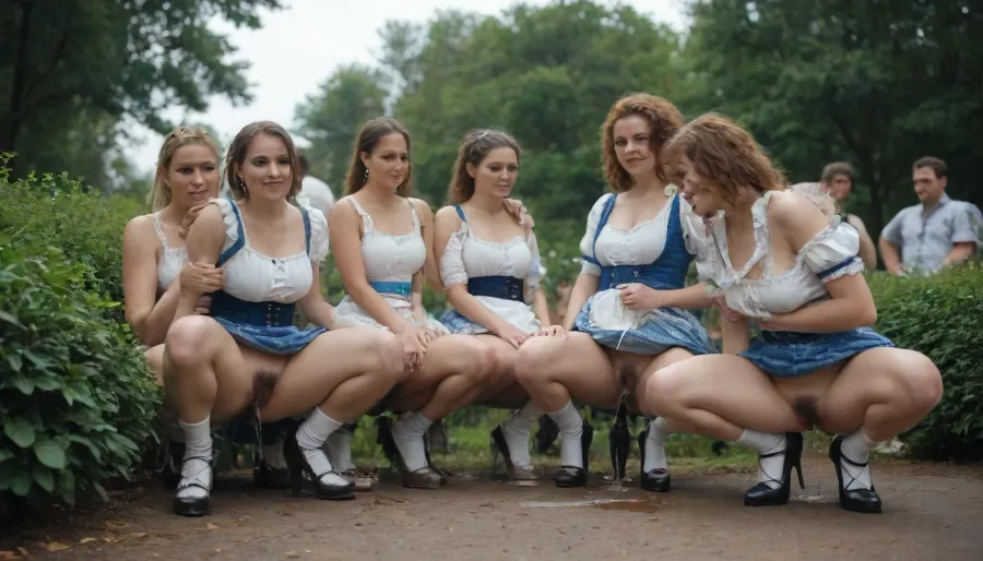 secret place, hedge, paparazzi spy photo, GND, masterpiece, several girls of different age, sunny, telephoto lens, shallow depth of field, from a distance, outdoor, bushes, hidden place, dirndl, Bavarian, Oktoberfest, drunk, squat, ((peeing)), ((hairy pussy)), pussy peak out