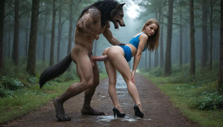 Alice in Wonderland, werewolf, extremely detailed, dark forest, moonlight, night, rough sex, huge throbbing cock, slender athletic girl, muscles and veins stand out on her body, extreme cock, pussy penetration, bulging belly, standing sex, girl half the size of a man, werewolf fucks her with a penis three times the size of a girl from behind, the penis barely fits in the hole, blue pencil dress, short skirt, stockings, platform heels, long slender and athletic legs, one leg bent, perfect elastic ass, extreme bump, impossible fit, a man grabs a girl by the ass and inserts his cock, a man from behind a girl, rounded elastic protruding tits, fully colored picture, view of the viewer, front, back and side view, extremely wet sweaty body, 2k resolution, excess cum on the ass, excess cum everywhere, full body view, full-length