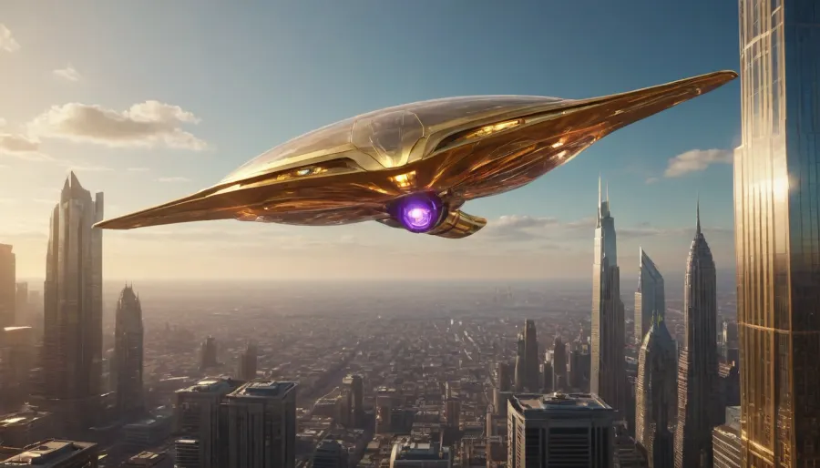 photorealistic image, fullcolor image, full body view, 8K quality, the world of future, highly developed alternative technologies, futuristic siti, crystal energy-based technologies, fantastic flying machines, high-rise buildings made of gold and crystal glas