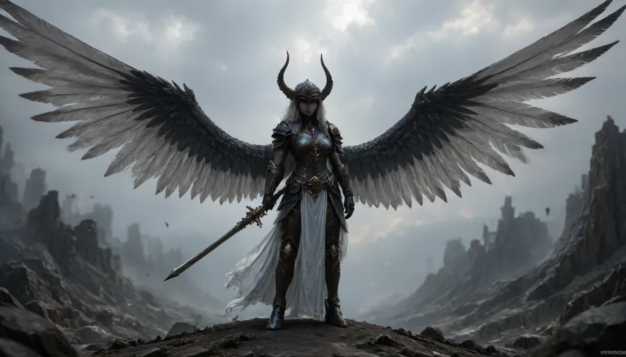 fantasy art, full body picture, UHD 8K, extreme realism, maximum detail, very big slim tall dark Angel with battlearmor and weapon, detailed full helmet, detailed battleground in background, big black and white wings, light effects, hkstyle, ca45mv7-100, <lora:hkstyleV5:1>, <lora:detailed_notrigger:.7>