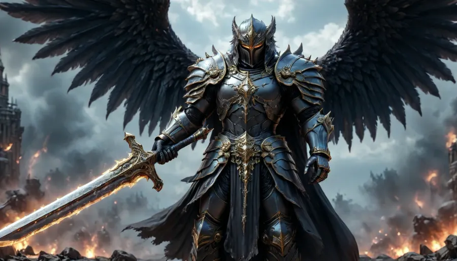 fantasy art, full body picture, UHD 8K, extreme realism, maximum detail, very big slim tall dark Angel with battlearmor, holding a big long weapon, detailed full armored helmet, detailed battleground in background, big black and white wings, light effects, hkstyle, ca45mv7-100, <lora:hkstyleV5:1>, <lora:detailed_notrigger:.7>