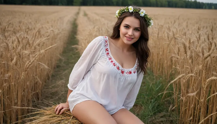 captivating young dark-brunette well-built Ukrainian girl, smiling, desirable plus-size breasts and thighs, fine fabric loose-fitting embroidered extra long Ukrainian blouse covering knees on completely bare body, barefoot, a wheat spikes wreath on