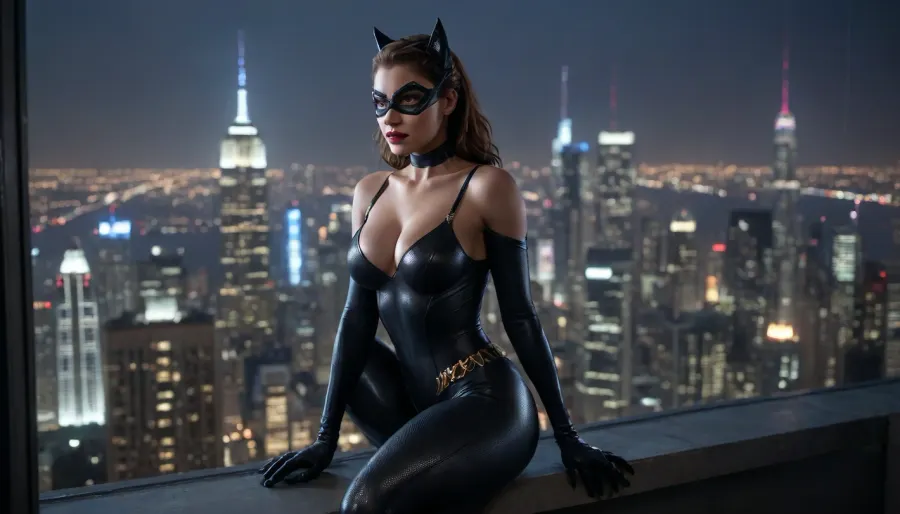 Catwoman, (female, slim, large breasts, small ass), and Spiderman, (male, muscles, tall), on top of a skyscraper at night looking out at the city lights