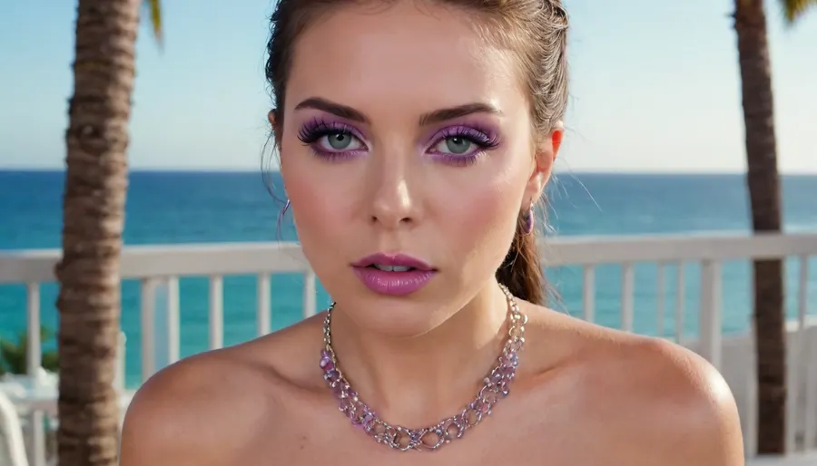 bimbo woman, high detail of the face, individual standing outdoors on a balcony overlooking a tropical beach and ocean., (piercing:1.3), (bimbo woman is dressed in a transparent two-piece peignoir of medium length through which are visible, (purple nipples with piercing in the form of platinum rings connected by a chain)), ., (big lipstik purple:1.3), hair is styled in a neat braid, and they are gazing directly ahead with a relaxed posture., ((makeup:1.3), long blue eyelashes, green eye shadow, glossy pearl lipstick), The background includes clear skies, a distant ocean horizon, palm trees, and elements of a modern building. The scene exudes a sunny, vacation-like atmosphere., artoflips, uoclips, lips, lipstick, art, of, CUM, DONATION, ASSISTANCE, FELLATIO, TITS, SEX, HANDJOB, FOOTJOB, AFTER, VAGINAL, makeup, eyeliner, eyelashes, <lora:Art_Of_Lips_PONY_XL_By_UOC:.9>, <lora:CUM DONATION ASSISTANCE:2>, <lora:Modern_MakeUp_XL_v0_1:1.7>