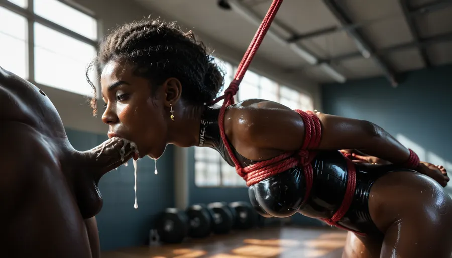 (panoramic), 8K UHD, realistic masterpiece, maximum quality, maximum details, maximum realism, score 9, score 8 up, score 7 up, (gymnasium), (african, gymnast), (multicolored, shiny leotard:1.4), (bound by ropes, hogtied, cum dripping from mouth, deepthroat, DETAILED FACE:1.2), real penis, Endless_Up_SDXL_Neg, ImgFixerPre0.3, detailxl glitt3r, aw0k, illuminate, <lora:MJ52:1.1>, <lora:potrait-woman-v2:1.2>, <lora:dark:1.2>, <lora:mjilluminate-000010:.8>