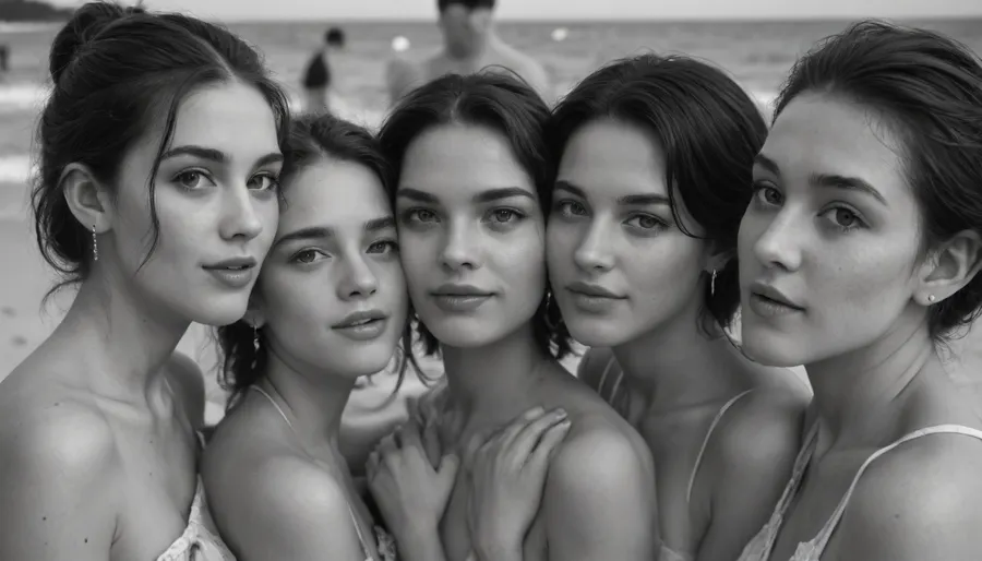 monochrome, young woman enjoys passionate group sex with several older men on the beach, a hidden place in the dunes on the North Sea coast, various perspectives, entire group in frame