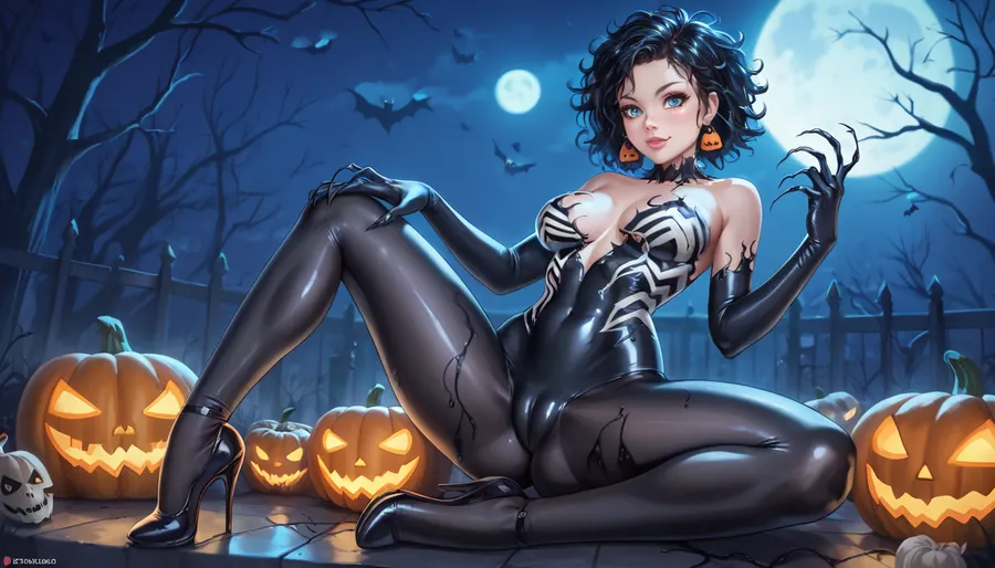 female venom, contrapposto pose, tight sexy Halloween costume, cameltoe, night, Halloween