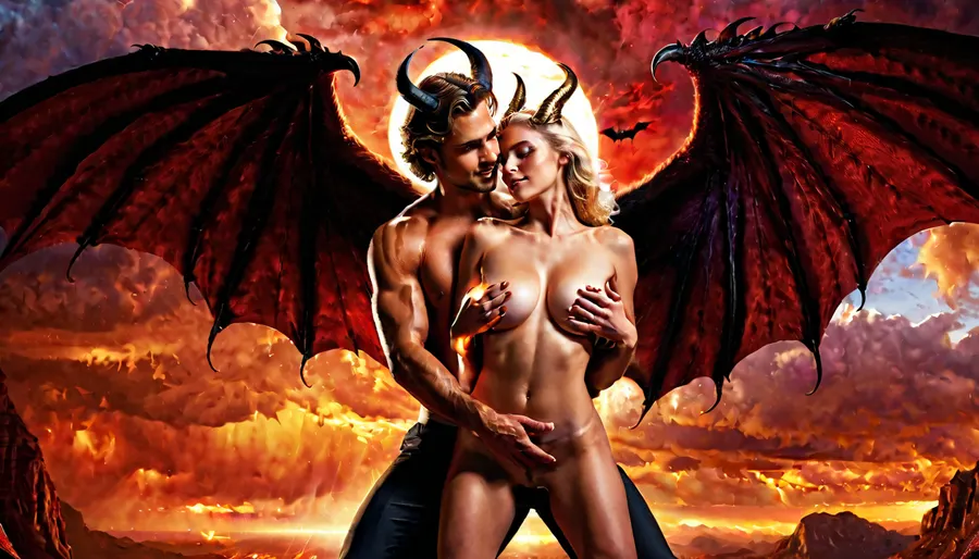 Two fantastic beings having sex, one, A NUDE female angel with large gray wings, delicate white gown, golden halo, glowing aura, fair skin, blonde hair, blue eyes, extrahuge tits, angelic face, seraphim or archangel appearance. The other one is a FULLY NUDE male demon with dark skin, black horns, sharp claws, fangs, red eyes, large bat-like wings unfolded behind him, demonic horns, smirking evil grin, fiery sky backdrop, epic fantasy artwork, highly detailed, dramatic lighting, cinematic pose, intense action scene, digital painting, ultra-realistic, 4k resolution, masterpiece work of art.
They are both having passionate sex in a dimly lit bedroom, the man is leaning over the woman, supporting his weight on his arms, while they are both fully naked. the woman have huge tits and is laying on her back with her legs wrapped around the man's hips. both individuals have very fit athletic bodies with defined muscles, the man is thrusting into the woman forcefully, while she moans and wraps her arms around his neck. their faces show expressions of pure ecstasy as they become one. intimate close-up, high-quality photorealism, soft ambient lighting, dramatic shadows, focus on the intimate connection between the couple, deep focus on genitals during intercourse, in the heat of passion, steamy sweatiness, wetness, realistic details, masterpiece, 8k resolution, film grain, bokeh effect, realistic skin texture, body details, natural hair, jewelry, eye contact, flirty glancest, both having orgasm