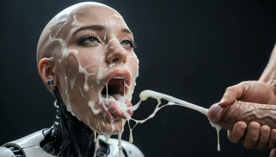 close-up, sexy robot doll, android, sexbot, bald robot cyberpunk, shiny chrome parts, cybernetic body, wide hips, thin waist, (massive breasts:1), dark eyes, vacant look, sexy, white male in front of female, masturbating, (ejaculation:1.3), gigantic 18 inch thick penis, huge erection., (gaping mouth:1.2), tongue sticking out, (realistic excessive thick runny cum all over her face and body), mouthfull of cum, excessive cum dripping out of her open mouth, nose full of cum, mouth full of cum, lots of very thick cum, loads of cum, woman, on, face, excessive bukkake, cum, facialized, superfacialized, black background, Allisfulloflove1024, ., <lora:Allisfulloflove1024:1.4>