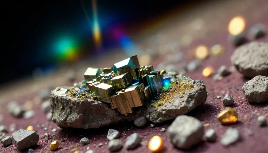 microscope macro zoom, (glowing pyrite), miracle, rainbow light circeled in open universe, orbit, rainbow storm, rainbow fire, rainbow air, rainbow earth