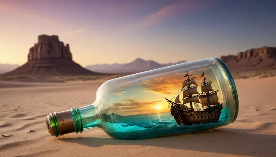 (Large glass bottle with a pirate ship on rough seas inside:1.3), (the bottle sits in a barren and desolate Desert landscape:1.4), distant mountains, colorful sunset, detailxl