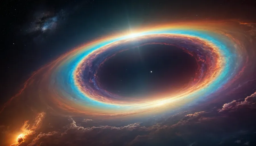 (orbit of eart), hmiracle, rainbow light circeled in open universe, orbit, rainbow storm, rainbow fire, rainbow air, rainbow earth