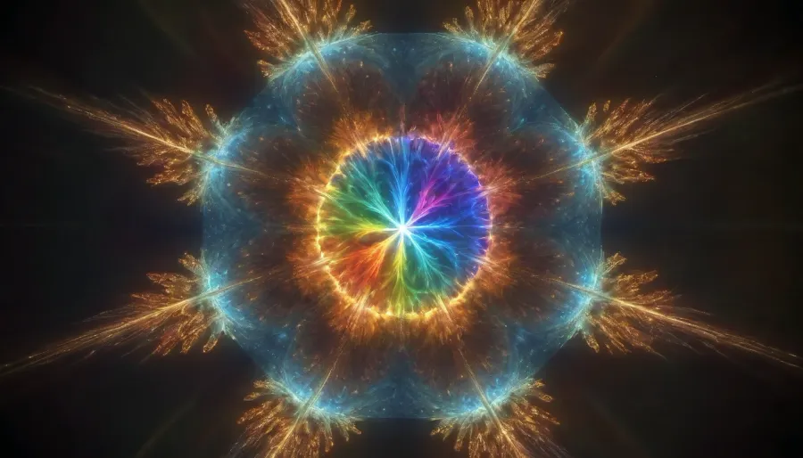 4d microscope macro zoom, glowing star supernova, transparent, light sparks, (glowing fractal of stars), miracle, rainbow light gold cristal in open universe, orbit, rainbow fire, rainbow air, rainbow earth