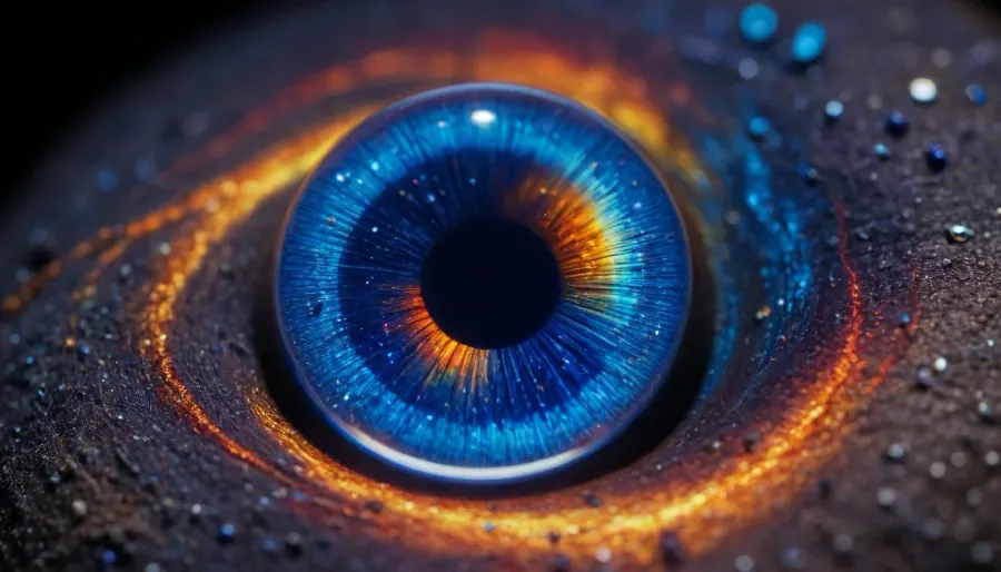 microscope macro zoom, (glowing lapis lazuli), miracle, rainbow light circeled in open universe, orbit, rainbow storm, rainbow fire, rainbow air, rainbow earth