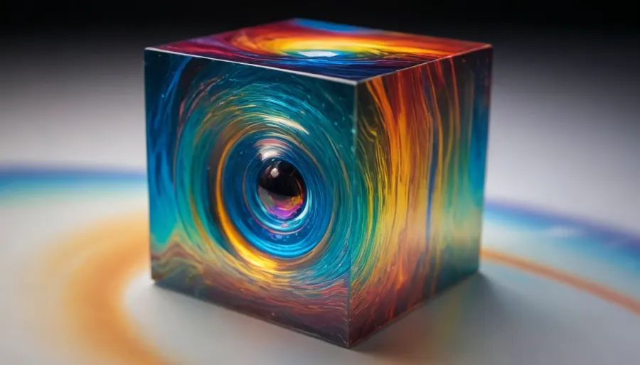 fire cube, (square), fusion with wather sphere, (blue waves, mirroring), miracle 4d microscope macro zoom, orbit, epic, glowing, (rainbow, white visible light), rainbow light gold, rainbow fire, rainbow air, rainbow earth