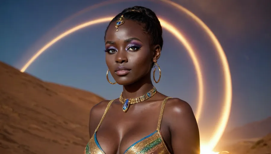 eclipse, nubian preist in night desert, full moon, (black skin, blue iris eye), miracle, rainbow light gold cristal in open universe, orbit, rainbow fire, rainbow air, rainbow earth, busty cook girl