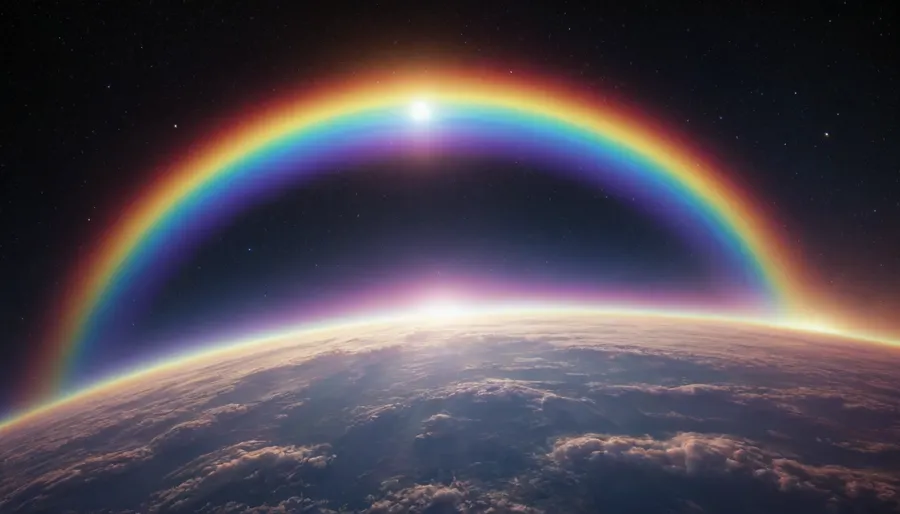 (orbit of eart), hmiracle, rainbow light circeled in open universe, orbit, rainbow storm, rainbow fire, rainbow air, rainbow earth