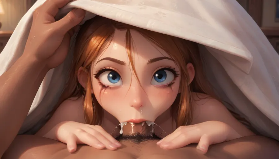 (Jack cayless art style), Ginger milf, wet hair, long hair, ruined makeup, bedroom, (deepthroat), under covers, (male pov), blushing, caught, dimly lit, nude, drool, hand on head, shadow, musk, heavy breathing, pov, pink nails, huge cock, cum overflow, empty eyes, rolling eyes, cum squirting from nose, teary, sweaty, interracial, year, <lora:287175_training_data:2>, <lora:add-detail-xl:2>, <lora:princess_xl_v2:.8>, <lora:DetailedEyes_V3:2>, <lora:Animated_Concept:.9>