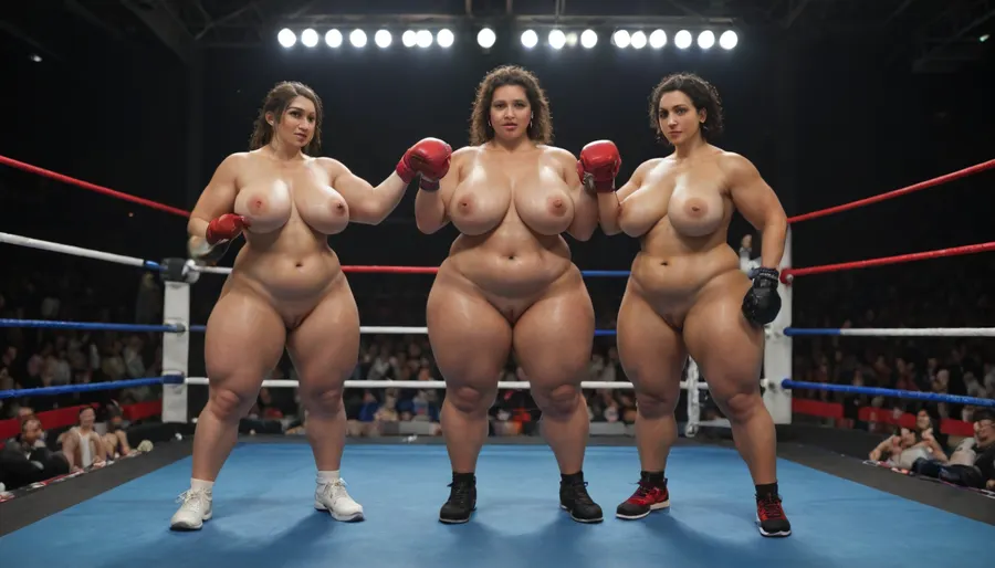 Two extremely fat nude women with huge pancake boobs boxing in a boxing ring in front of a huge audience, ((bbw:1.2)), ((muscular thighs:1.2)), ((full body view:1.4)), ((very sweaty skin:1.4))