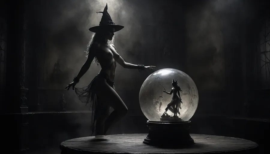 middle age, close-up of a beautiful, large crystal ball belonging to a sexy witch on a small wooden old table with, (a detailed projection inside the crystal ball of a extraordinary detailed stunning nude dancer:1.5), highly detailed image, Double exposure, blurred background, next to single skull with candle on top, surrounded by a half undressed sexy witch, (sexy witch:1.4), in a dark dusty forest, full moon, an mystic black castle, cloudy, smoke, atmospheric, clouds, fog, Black, and, white, art, black, pencil, shading, charcoal, drawing, toned, paper, brutal, dark, b/w, color, scheme, <lora:add-detail-xl:1.1>, <lora:Cloudy_Style:1.5>, <lora:Black and white art.V1:1.8>, <lora:dark:.3>
