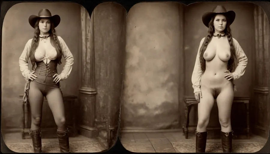 1870s, (((1870s beautiful female cowgirl))), amateur model, beautiful face, amateur photo, brunette hair, attractive, 28 years old, (((picture taken with Daguerreotype camera:1.5))), (large natural boobs:1.1), natural boobs, (hairy pussy:1.4), (full body in view), straight hair, ponytail hairdo, (same person, same pose, same angle), (2Split screens, 2split views, onoff:1.2), (wearing 1870s cowgirl outfit), (western town background), BREAK, <lora:OnoffXL_ExtraCrispy:1.1>