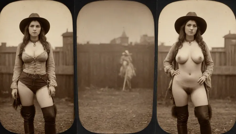 1870s, (((1870s beautiful female cowgirl))), amateur model, beautiful face, amateur photo, brunette hair, attractive, 28 years old, (((picture taken with Daguerreotype camera:1.5))), (large natural boobs:1.1), natural boobs, (hairy pussy:1.4), (full body in view), straight hair, ponytail hairdo, (same person, same pose, same angle), (2Split screens, 2split views, onoff:1.2), (wearing 1870s cowgirl outfit), (western town background), BREAK, <lora:OnoffXL_ExtraCrispy:1.1>