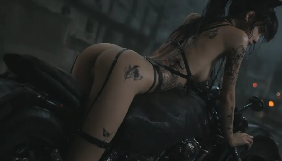 (dark night, future Tokyo city, riding a motorbike, bending over the motorbike), long hair, high single ponytail, very skinny, (very slender), very slim, small ass, cat ears, (black panties, small breasts, black mini skirt), (shows tiny nipples), (young small:1.2), (back view), (open legs), (looking back), (arched back), (big breasts), very short skinny legs in stockings, (tiny waist), very slender, ultra goth, gorgeous petite, (black line tattoo, many black harness straps:1.6), (close up half body top front view, Dutch Angle, dynamic composition, face view, panties view), <lora:style_lora_realis:.7>, <lora:dark:.2>, <lora:sdxl_lightning_4step_lora:.8>, <lora:detailed_notrigger:.8>, <lora:lora-sdxl-perfect-eyes:.8>
