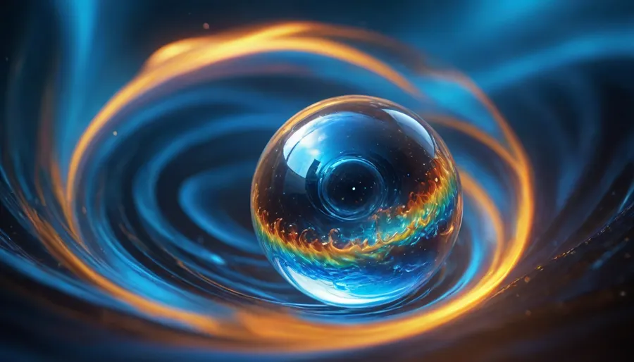 1, 4 d microscope macro zoom, many of in open space, orbit, (fire cube, fusion with wather sphere, swirl of energy, (blue waves, mirroring)), miracle, epic, glowing, (rainbow, white visible light), rainbow light gold, rainbow fire, rainbow air, rainbow earth