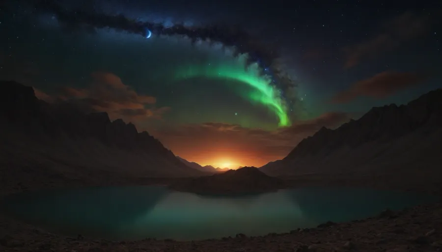 space dream, unreal dramatic green clouds of gas, no limits, 4d makro, Sharp mountains, big lake of plasma, spiral galaxy in the sky, high mountains, the height of the mountains is 20 kilometers, huge sharp stones, blue and orange plasma slowly flows from the mountains, glow plasma streams, huge Jupiter with moons, several moons, galaxy, bright stars, dramatic sky, huge crater, rocky field, sharp mountains, there is no one around, no girls, no people, no animals