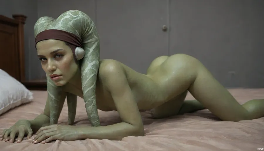 Star wars, seductive scenario of sexy Twi'lek backside view, very thin, tiny body head down, on all fours, ready to fuck, arching her back, exposing bare slim ass up, opening perfect trained ass cheeks, seductive looking, (green skin:1.9), (flat chested:1.1), Green eyes, greedy, brown headband, perfect hands, perfect fingers, sexually charged atmosphere, naughty, horny, messy bedroom on spaceship, star wars atmosphere, 1girl, solo, on, messy bed, side