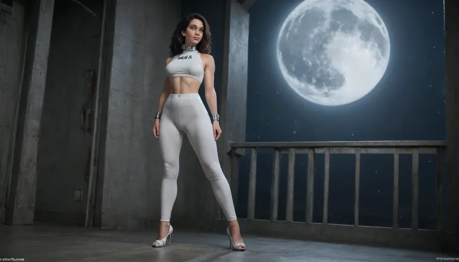 A beautiful curve woman of about forty, wearing white spandex catsuit. She stands in the huge futuristic airopotr. A black sky and a large moon is visible outside the big windows. She wears stiletto heels. The NASA logo is on her shirt. She has long dark hair and heavy makeup. A scar on her face. Looking side and down. Labia is visible through leggings., (Wide metal collar), (metal cuffs on the arms and legs)